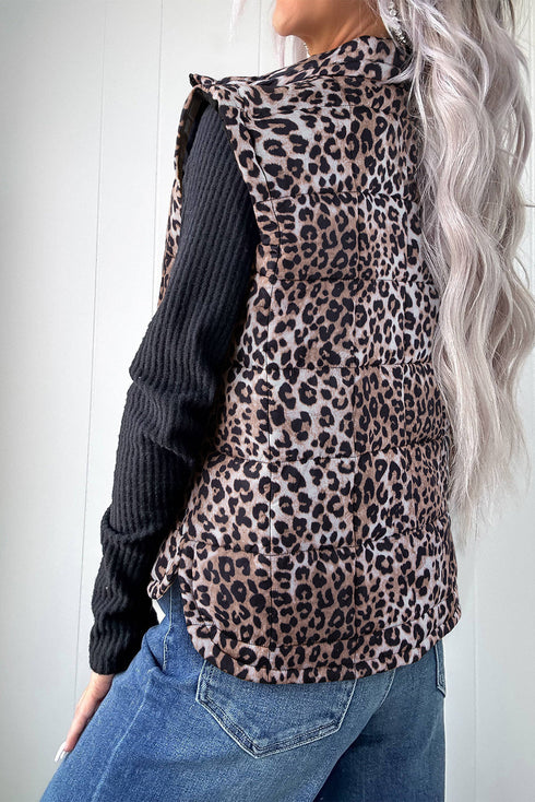 Leopard Quilted Full Zip Stand Collar Puffer Vest