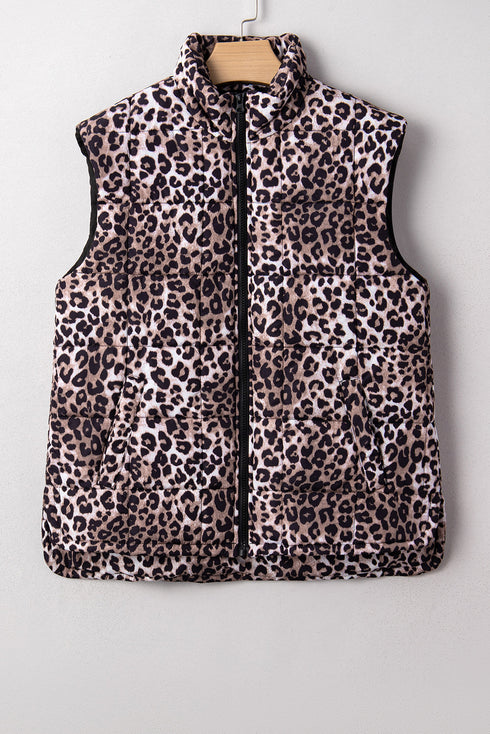 Leopard Quilted Full Zip Stand Collar Puffer Vest