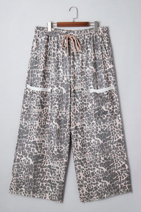 Leopard Raw Edge Patch Pocket Drawstring Wide Leg Pants