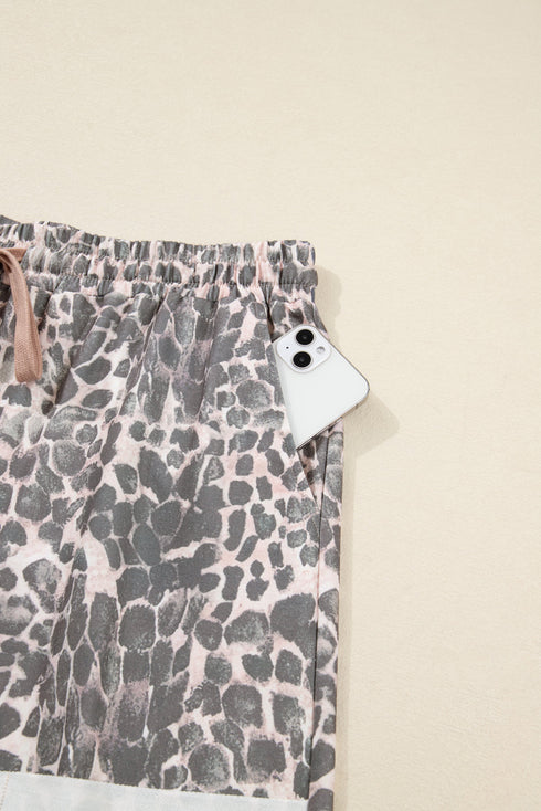 Leopard Raw Edge Patch Pocket Drawstring Wide Leg Pants