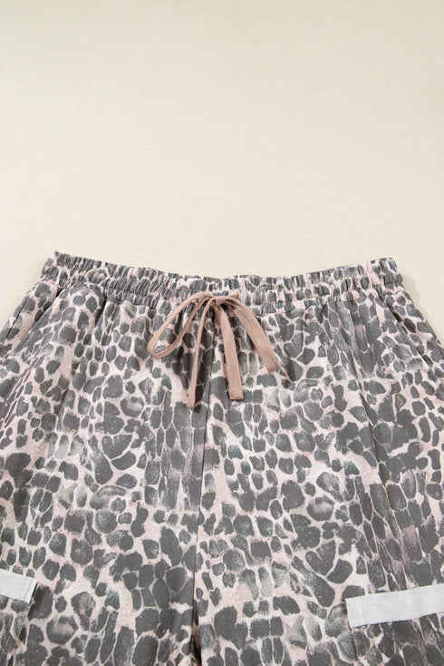 Leopard Raw Edge Patch Pocket Drawstring Wide Leg Pants