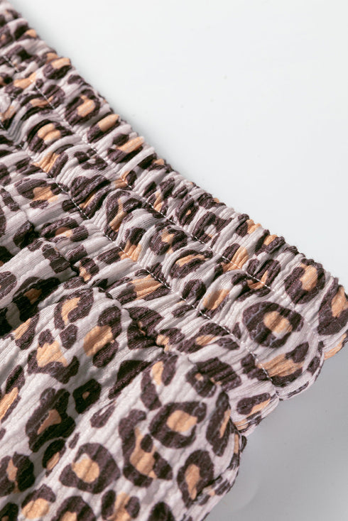 Leopard Ribbed Long Sleeve Pullover Drawstring Shorts Short Set