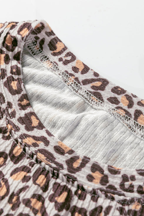 Leopard Ribbed Long Sleeve Pullover Drawstring Shorts Short Set