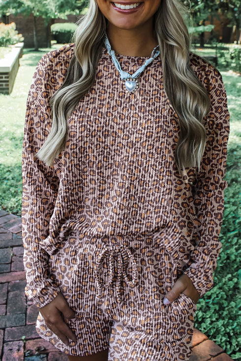 Leopard Ribbed Long Sleeve Pullover Drawstring Shorts Short Set