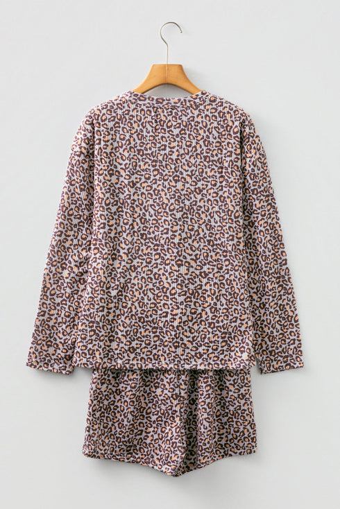 Leopard Ribbed Long Sleeve Pullover Drawstring Shorts Short Set