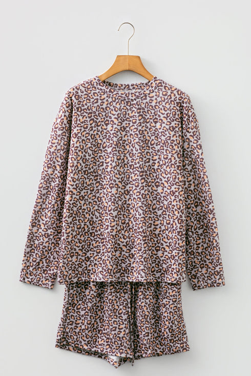 Leopard Ribbed Long Sleeve Pullover Drawstring Shorts Short Set