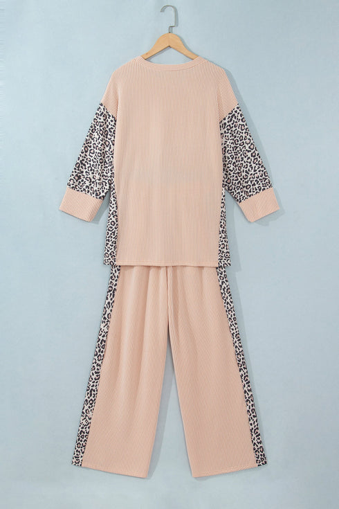 Leopard Ribbed Patchwork Long Sleeve Top Loose Pant Set