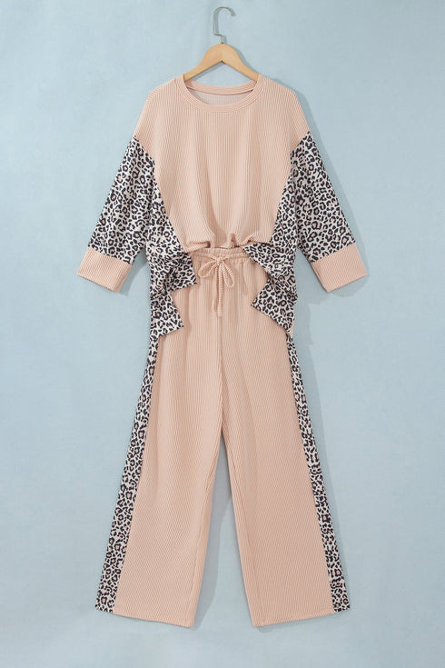 Leopard Ribbed Patchwork Long Sleeve Top Loose Pant Set
