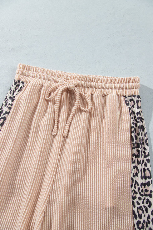 Leopard Ribbed Patchwork Long Sleeve Top Loose Pant Set
