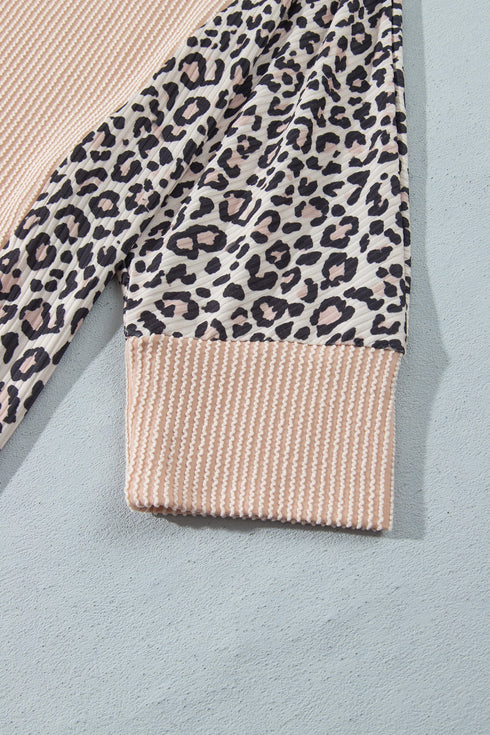 Leopard Ribbed Patchwork Long Sleeve Top Loose Pant Set