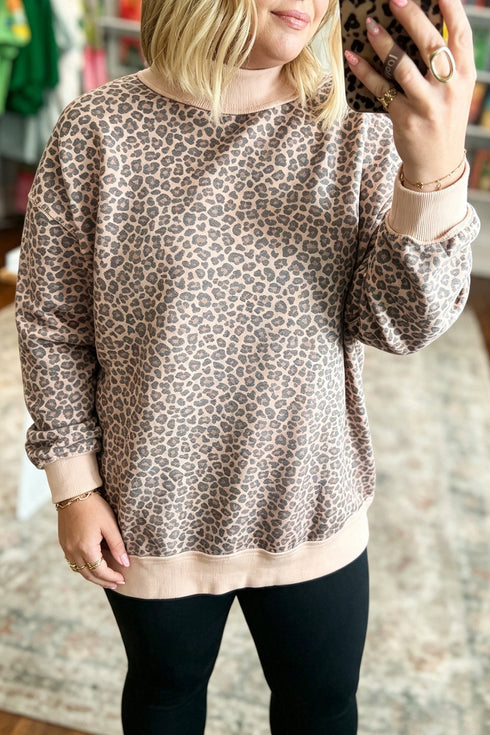 Leopard Ribbed Trimmed Mock Neck Tunic Sweatshirt
