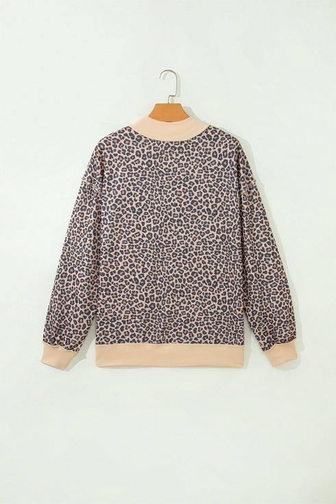 Leopard Ribbed Trimmed Mock Neck Tunic Sweatshirt
