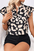 Leopard Ruffled Flutter Sleeve Split Neck Blouse