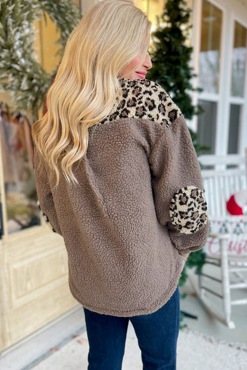 Leopard Sherpa Fleece Collared Button Up Flap Pocket Jacket
