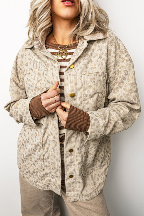 Leopard Shirt Collar Long Sleeve Regular Fit Jacket