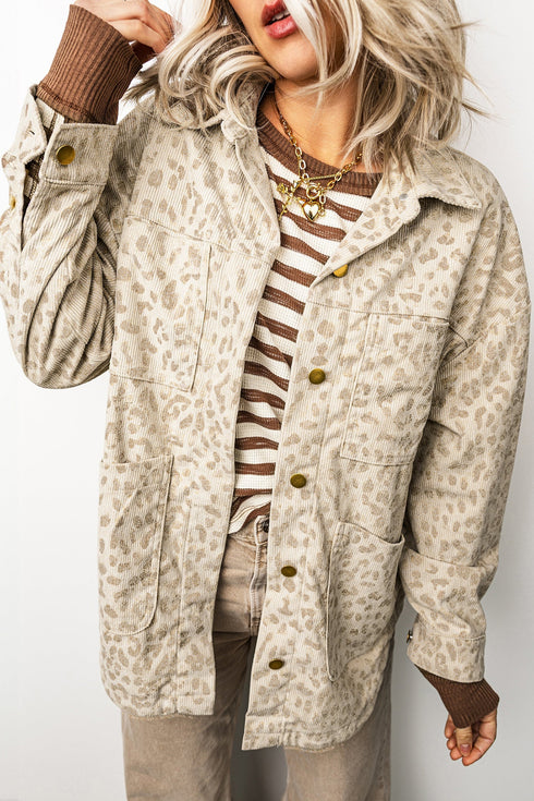 Leopard Shirt Collar Long Sleeve Regular Fit Jacket