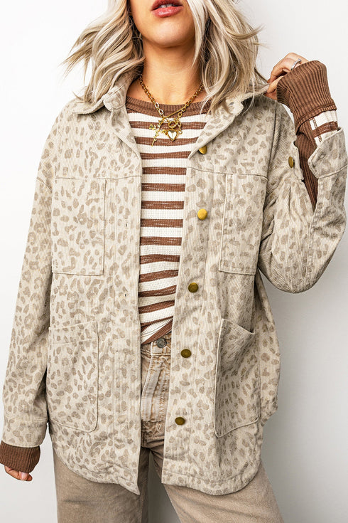 Leopard Shirt Collar Long Sleeve Regular Fit Jacket