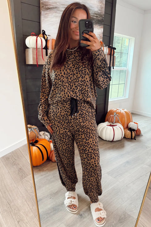 Leopard Side Stripe Pullover Drawstring Jogger Pant Set