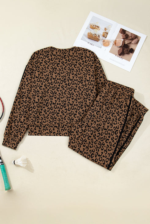 Leopard Side Stripe Pullover Drawstring Jogger Pant Set