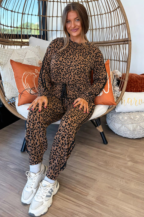 Leopard Side Stripe Pullover Drawstring Jogger Pant Set