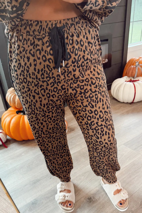 Leopard Side Stripe Pullover Drawstring Jogger Pant Set