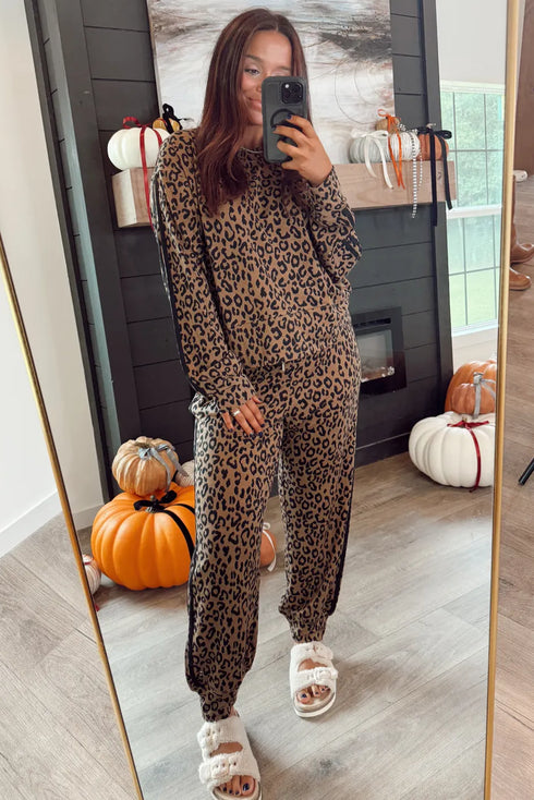 Leopard Side Stripe Pullover Drawstring Jogger Pant Set
