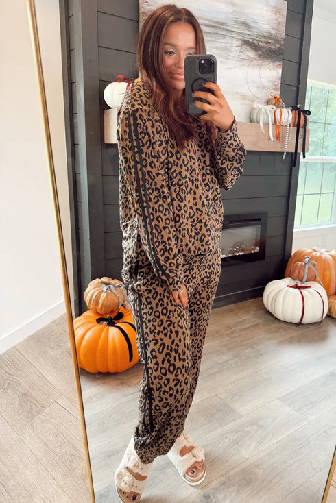 Leopard Side Stripe Pullover Drawstring Jogger Pant Set