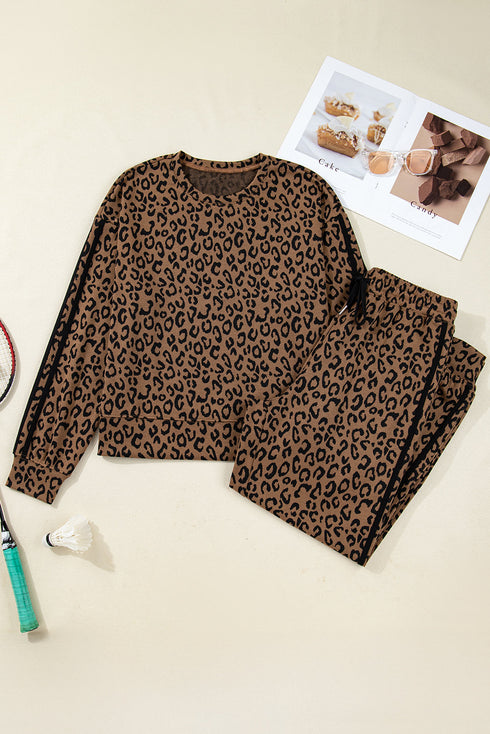 Leopard Side Stripe Pullover Drawstring Jogger Pant Set