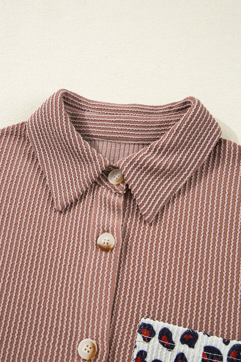 Leopard Sleeve Contrast Chest Pockets Corded Drop Shoulder Shirt Jacket