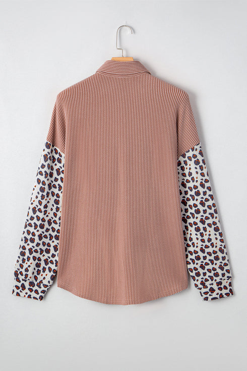 Leopard Sleeve Contrast Chest Pockets Corded Drop Shoulder Shirt Jacket