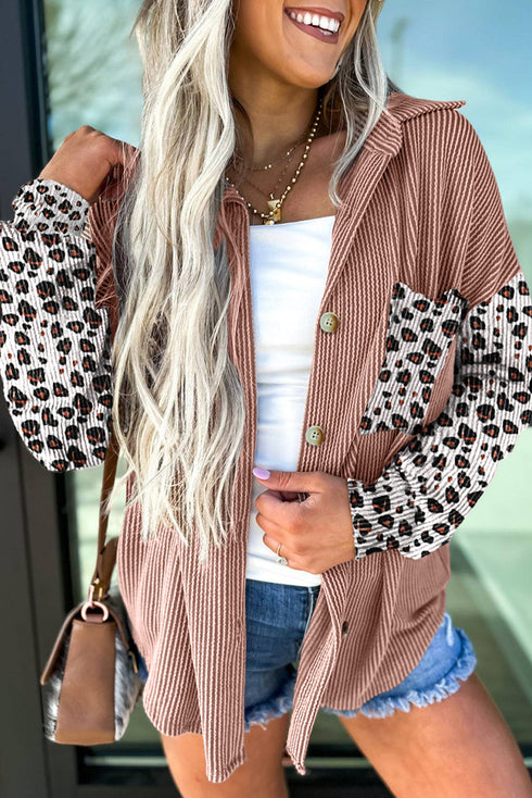 Leopard Sleeve Contrast Chest Pockets Corded Drop Shoulder Shirt Jacket