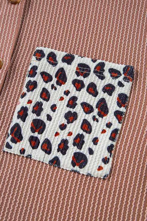 Leopard Sleeve Contrast Chest Pockets Corded Drop Shoulder Shirt Jacket