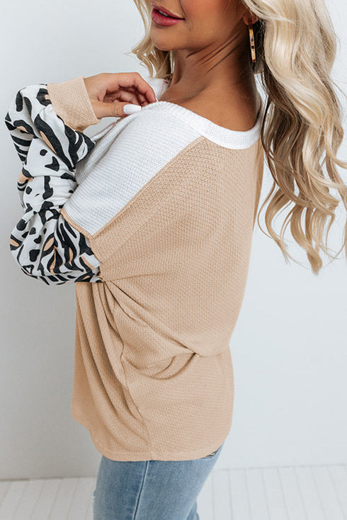 Leopard Sleeve Patchwork Waffle Knit Top