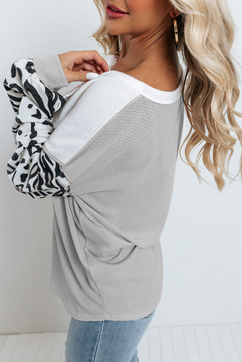 Leopard Sleeve Patchwork Waffle Knit Top