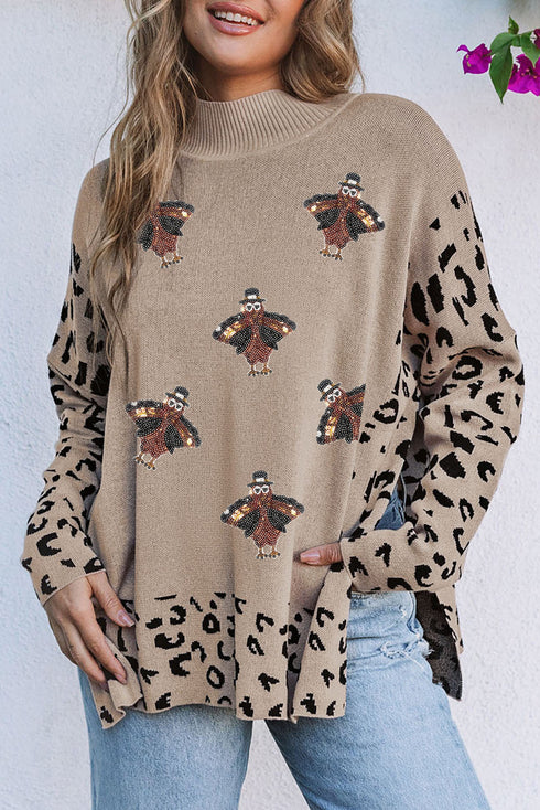 Leopard Sleeve Sequin Turkey Graphic Mock Neck Sweater