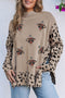 Leopard Sleeve Sequin Turkey Graphic Mock Neck Sweater