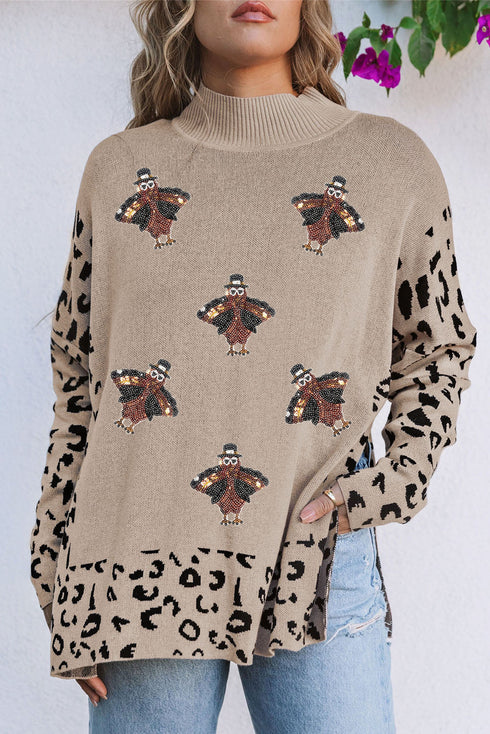 Leopard Sleeve Sequin Turkey Graphic Mock Neck Sweater