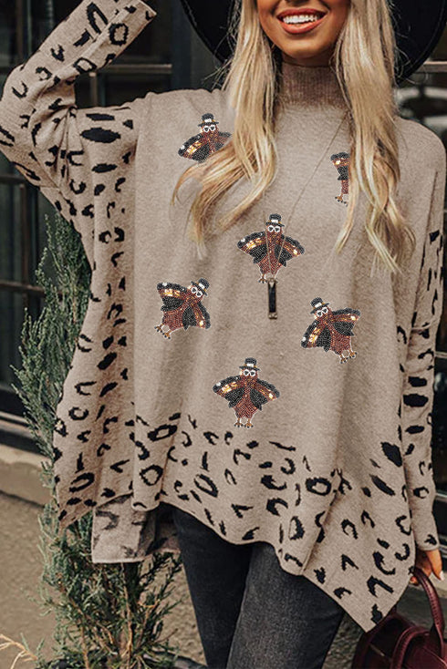 Leopard Sleeve Sequin Turkey Graphic Mock Neck Sweater