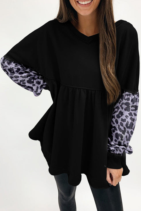 Leopard Splicing Sleeve Ruffle Loose Sweatshirt
