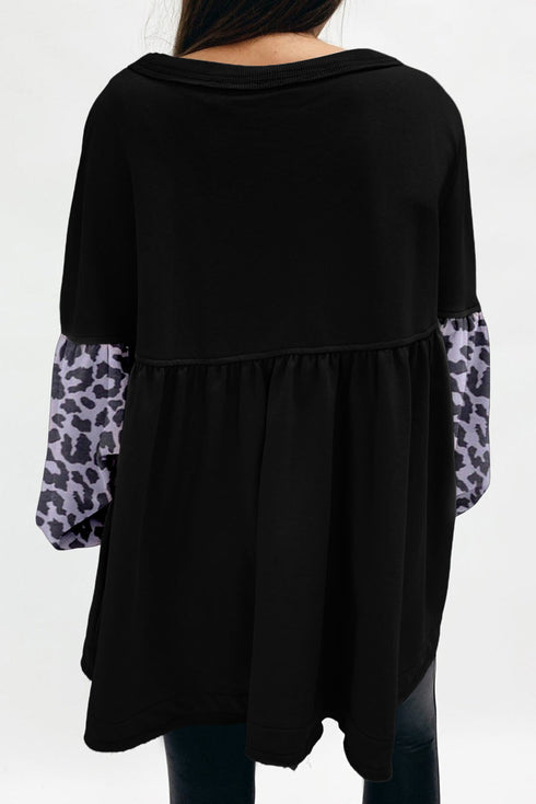 Leopard Splicing Sleeve Ruffle Loose Sweatshirt