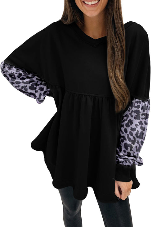 Leopard Splicing Sleeve Ruffle Loose Sweatshirt