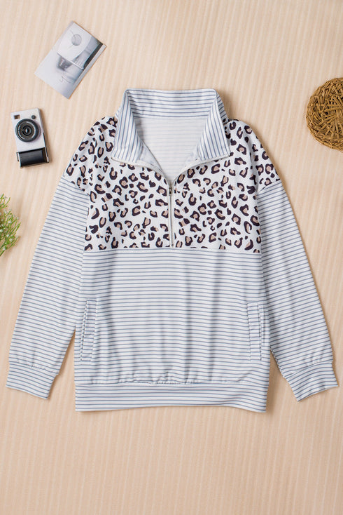 Leopard Splicing Zipper Collar Striped Sweatshirt