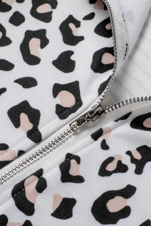 Leopard Splicing Zipper Collar Striped Sweatshirt