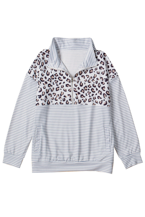 Leopard Splicing Zipper Collar Striped Sweatshirt