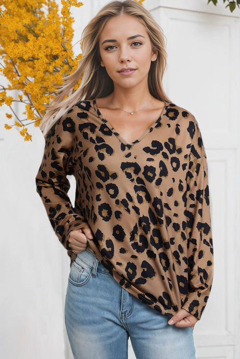 Leopard Split Joint V Neck Long Sleeve Top
