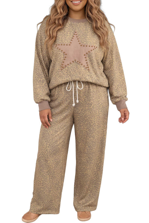Leopard Star Patch Long Sleeve Drawstring Lounge Set