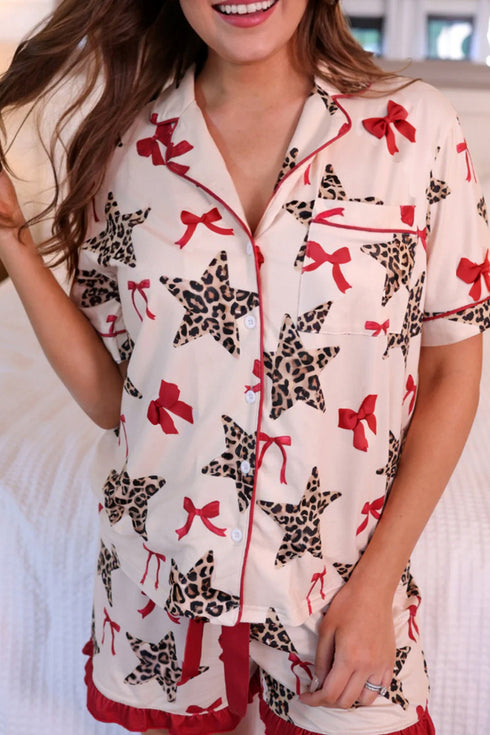 Leopard Star Print Ribbon Bow Contrast Trim Sleepwear