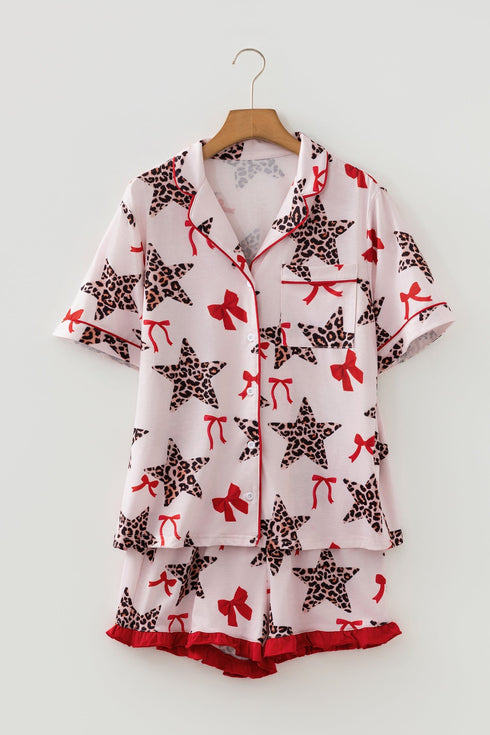 Leopard Star Print Ribbon Bow Contrast Trim Sleepwear