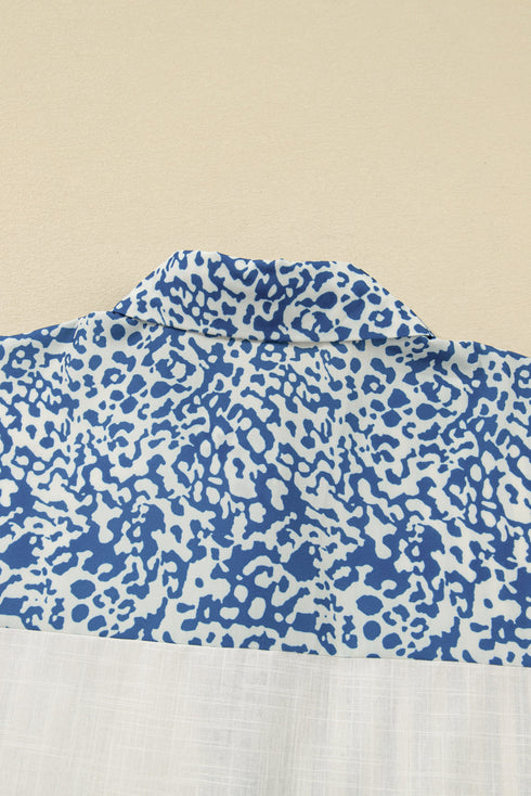Leopard Stripe Patchwork Button Front Collared Cotton Shirt