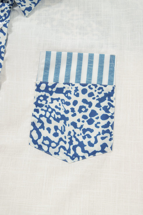 Leopard Stripe Patchwork Button Front Collared Cotton Shirt